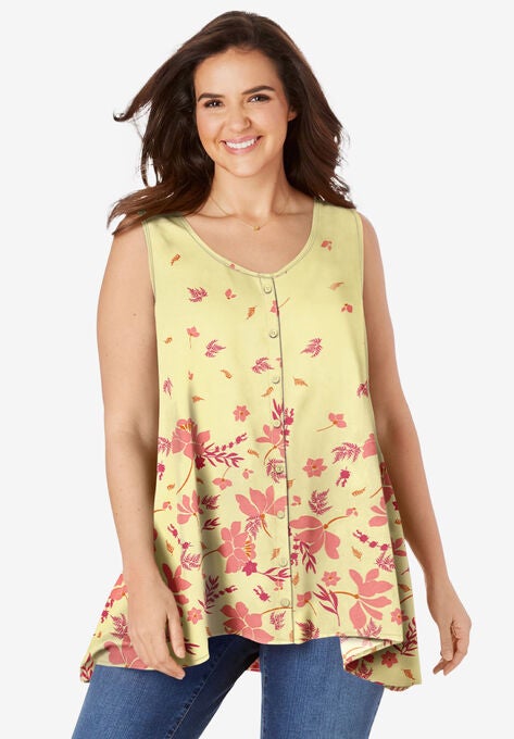 High-Low Button Front Tank, BANANA GRADUATED FLORAL, hi-res image number null