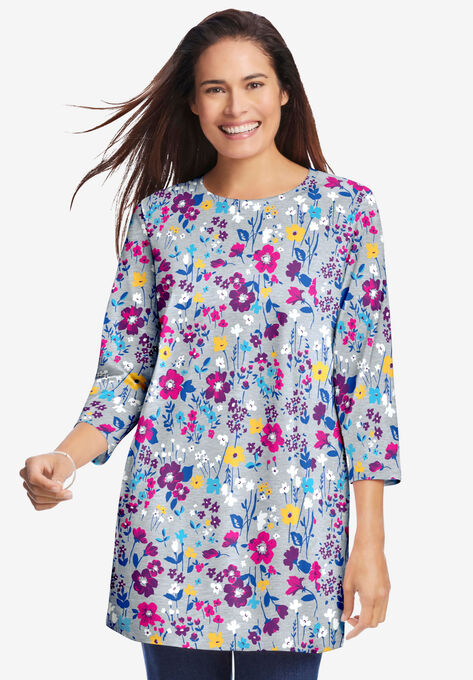 Perfect Printed Three-Quarter Sleeve Crewneck Tunic, HEATHER GREY FIELD FLORAL, hi-res image number null