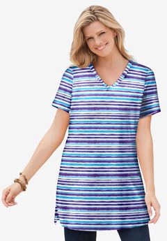 Perfect Printed Short-Sleeve Shirred V-Neck Tunic