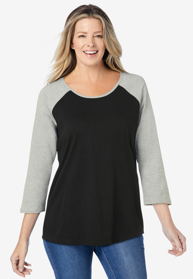 Plus Size Women's Three-Quarter Sleeve Baseball Tee by Woman Within in Black Heather Grey (Size 3X) Shirt
