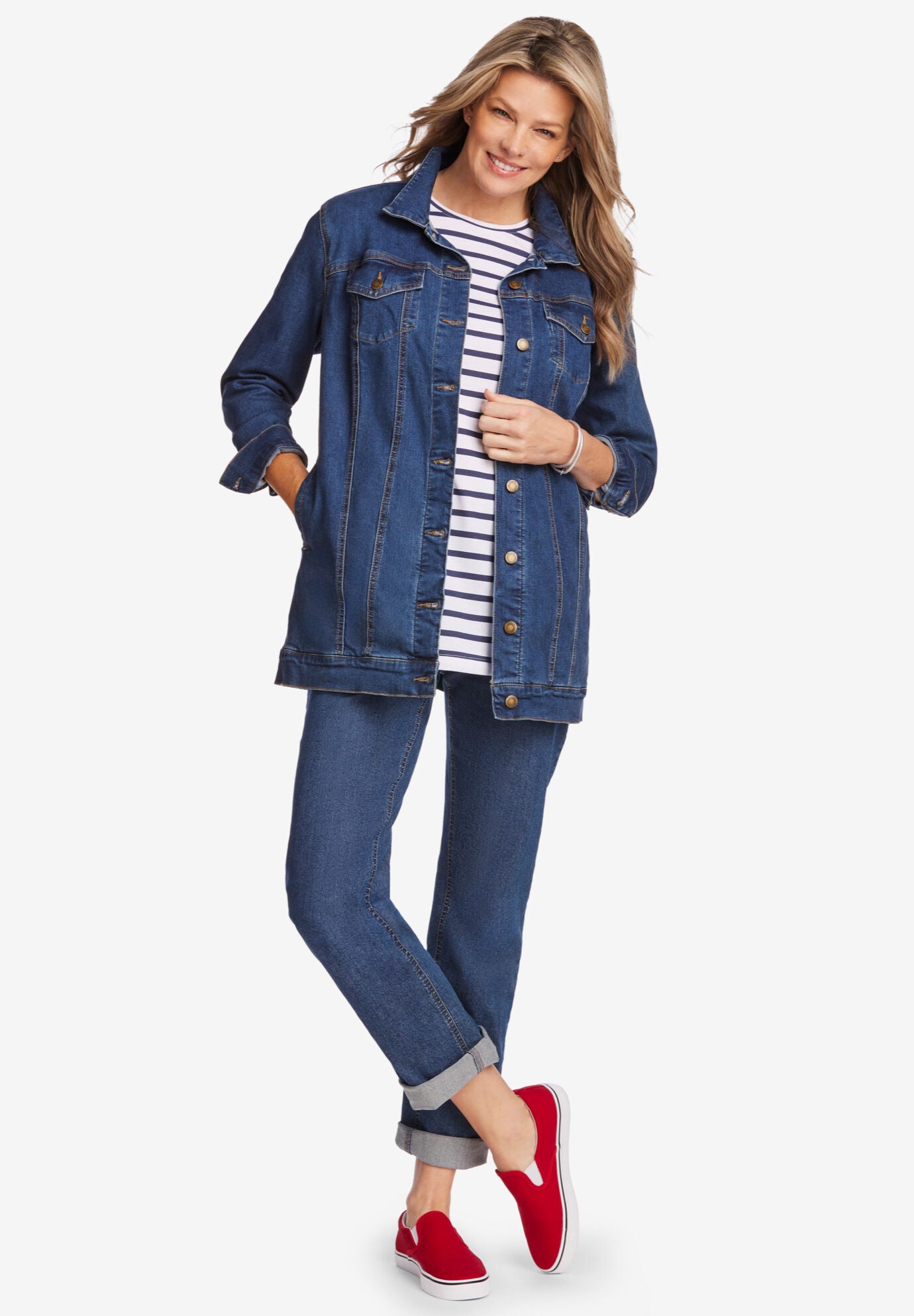 Long Stretch Denim Jacket with Side Adjusters Light Stonewash Sanded Woman Within