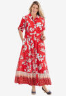 Roll-Tab Sleeve Crinkle Shirtdress, VIVID RED BLOOM FLOWER, hi-res image number null