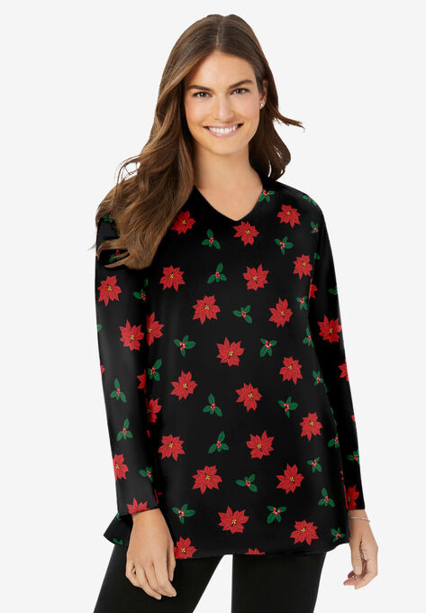 Perfect Long-Sleeve V-Neck Tunic, BLACK POINSETTIA, hi-res image number null