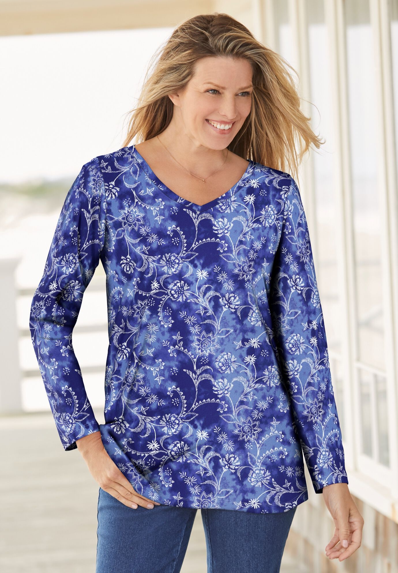 Woman Within Plus Size Perfect Printed Long-Sleeve V-Neck Tee - Picture 30 of 42