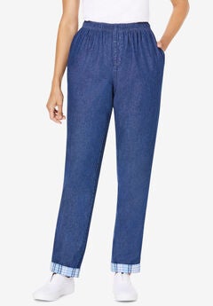 Elastic-Waist Cotton Straight Leg Denim Pant with Flannel Lining