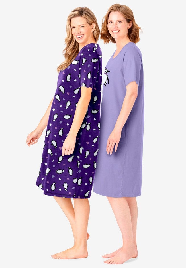 2-Pack Short-Sleeve Sleepshirt, PLUM BURST PENGUINS, alternate image number null