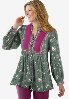 Button-Front Mixed Print Tunic