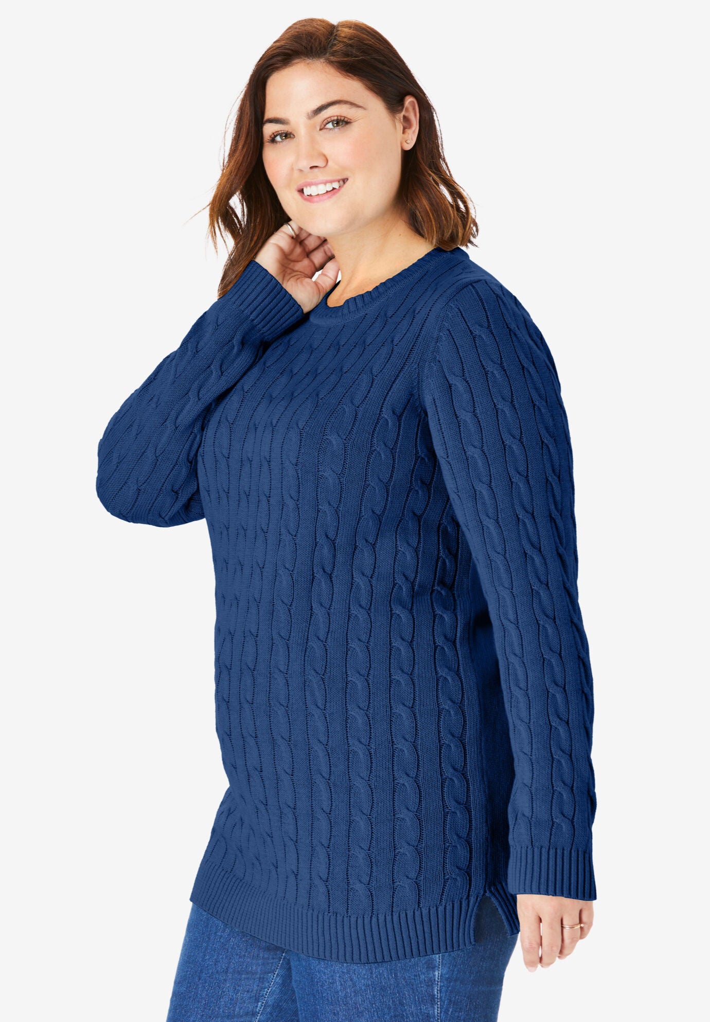 Cable Knit Pullover Crewneck Sweater Woman Within