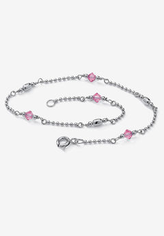 Platinum Plated Silver Ankle Bracelet (2Mm), Round Simulated Birthstone 11 Inches