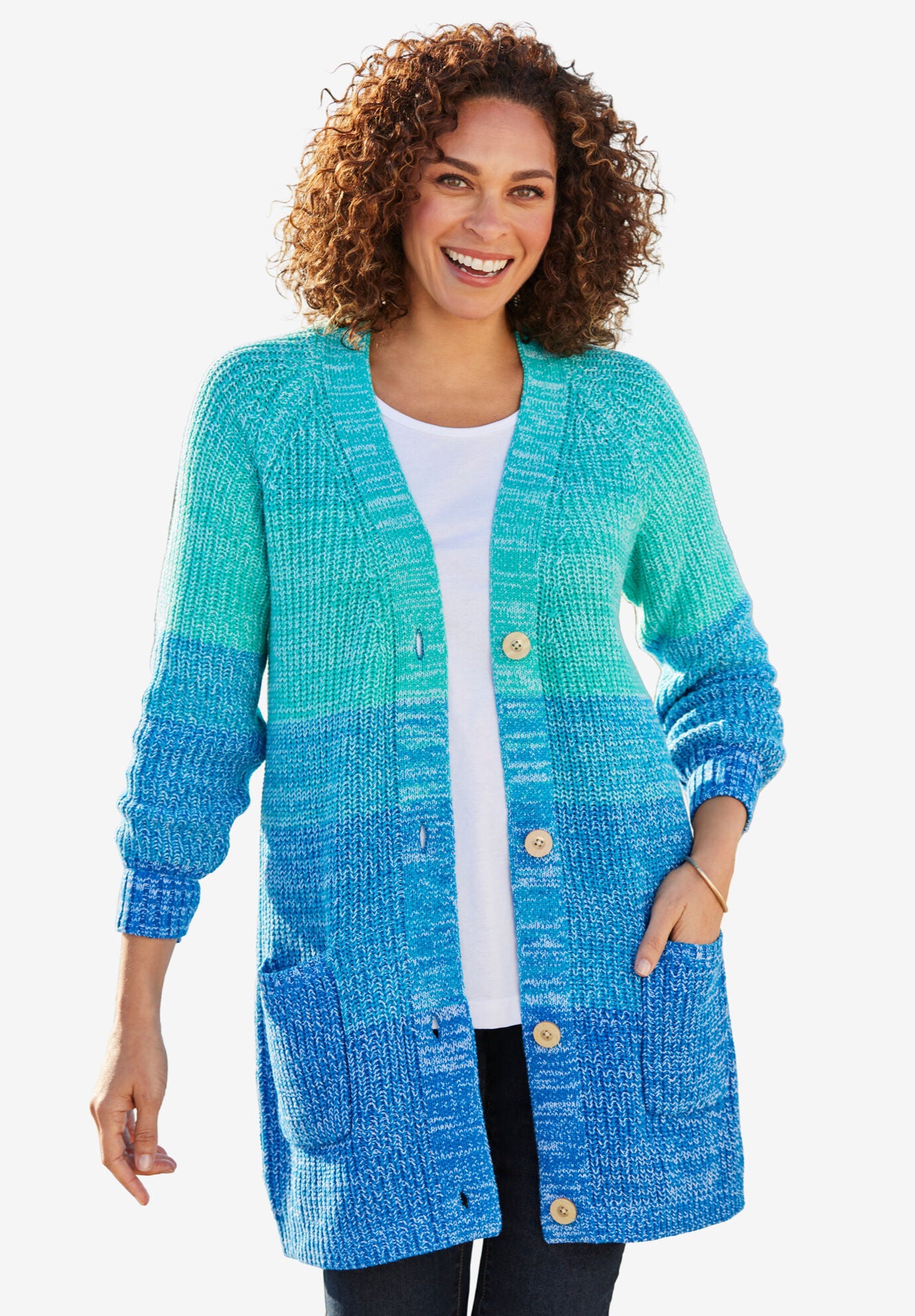 V neck Ombre Shaker Cardigan with Pockets Bright Cobalt Ombre Woman Within