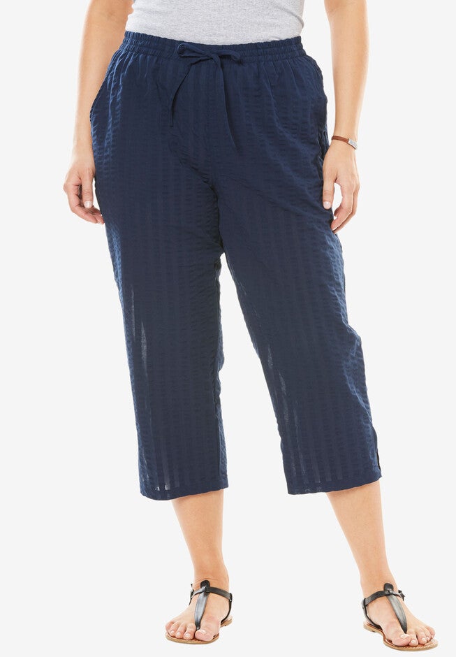 Seersucker Pull-On Elastic-Waist Capri Pants, NAVY, hi-res image number 0