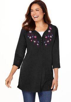 7-Day Layered-Look Embroidered Henley Tunic