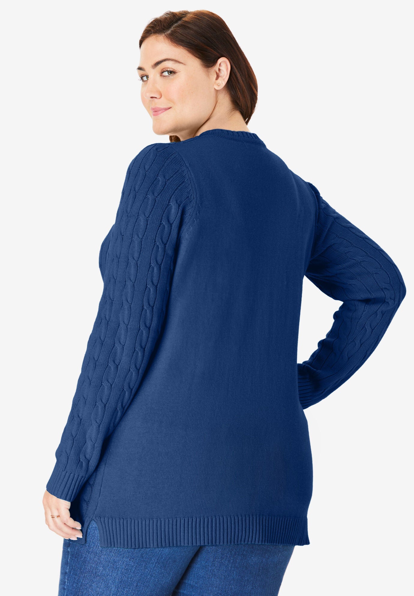 Cable Knit Crewneck Sweater - Pullover Cotton, Vivid Red | Woman Within