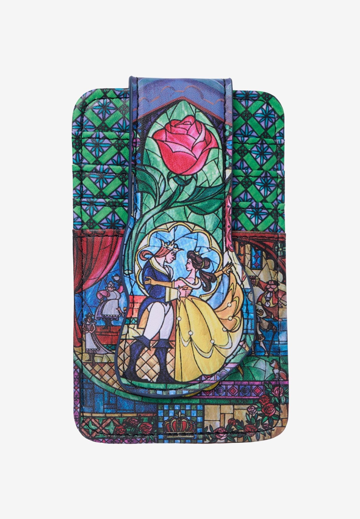 Disney Beauty and the Beast Bell Card Holder Wallet Button Snap Closure Slim, BLUE, hi-res image number 0