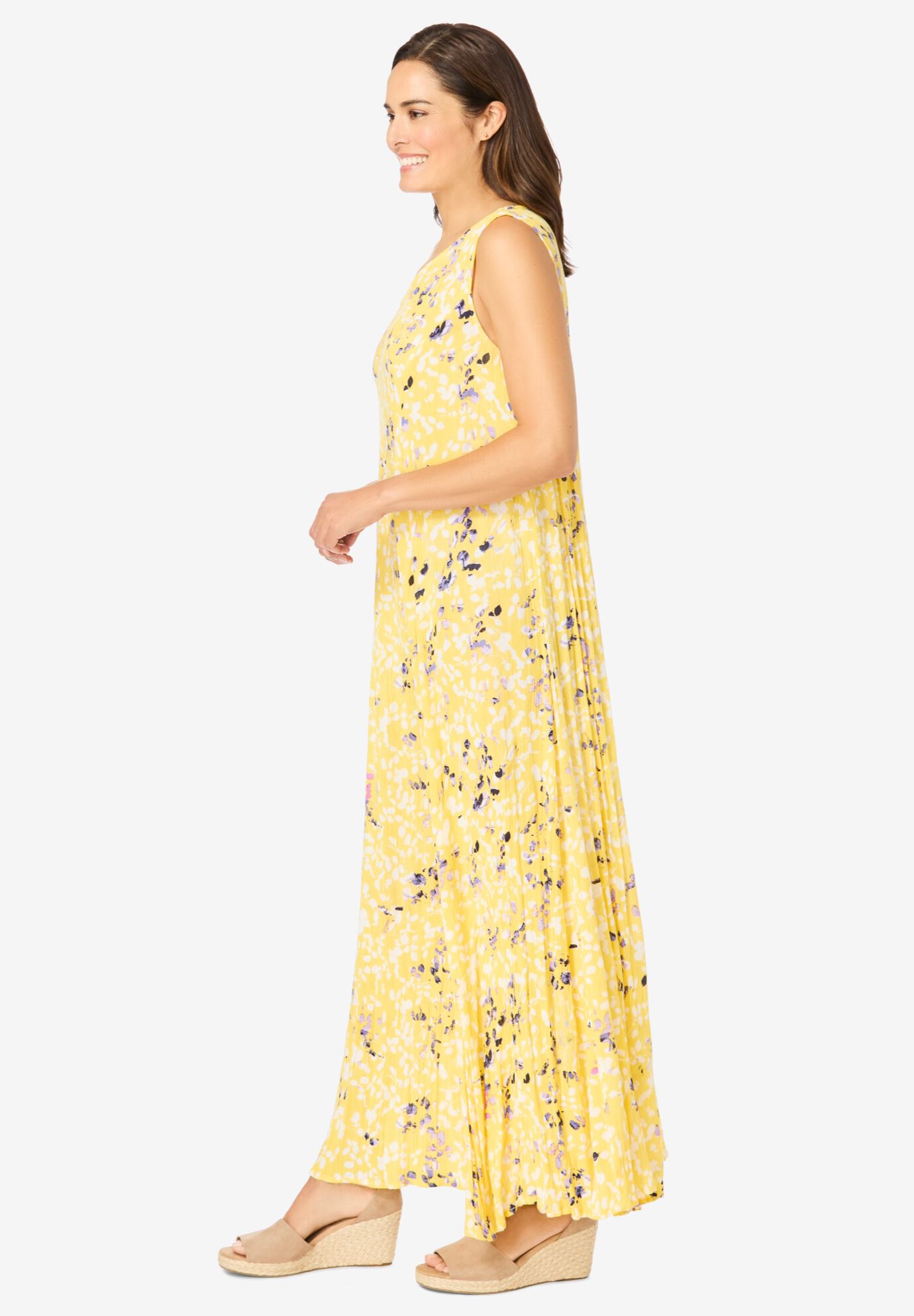 Sleeveless Crinkle Dress, PRIMROSE YELLOW LEAF, alternate image number 2