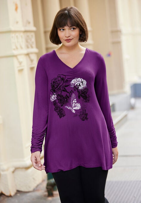 Ruched Sleeve Tunic, PLUM PURPLE ROSE GRAPHIC, hi-res image number null