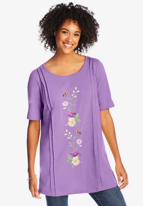 Short-Sleeve Scoopneck Embroidered Tunic, PRETTY VIOLET EMBROIDERY, hi-res image number null