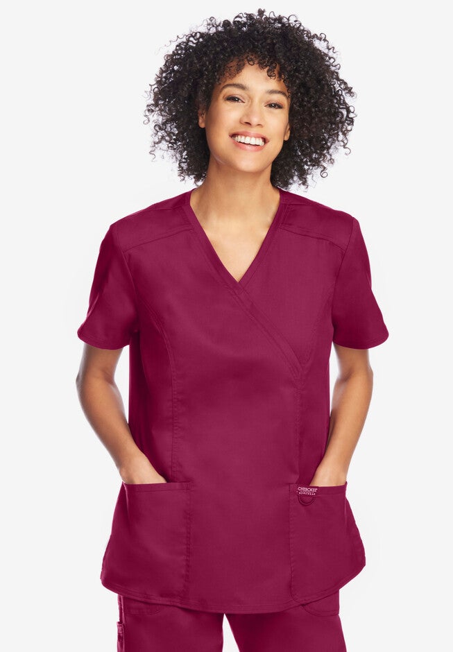 Modern Classic V-Neck Mock Wrap Scrub Top, WINE, hi-res image number null
