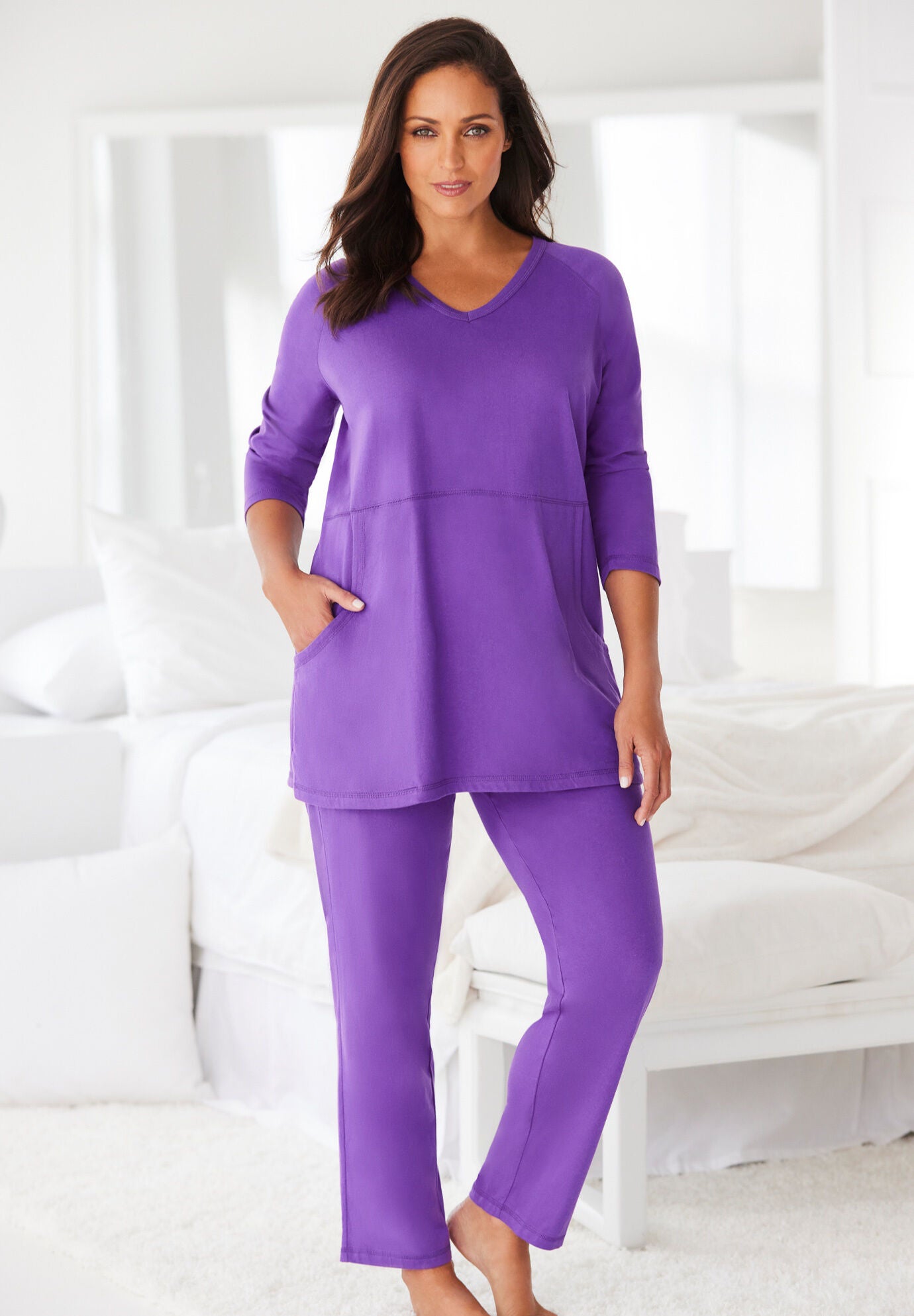 Cotton 2 Piece Lounge Set with Kangaroo Pocket Heather Grey Woman Within