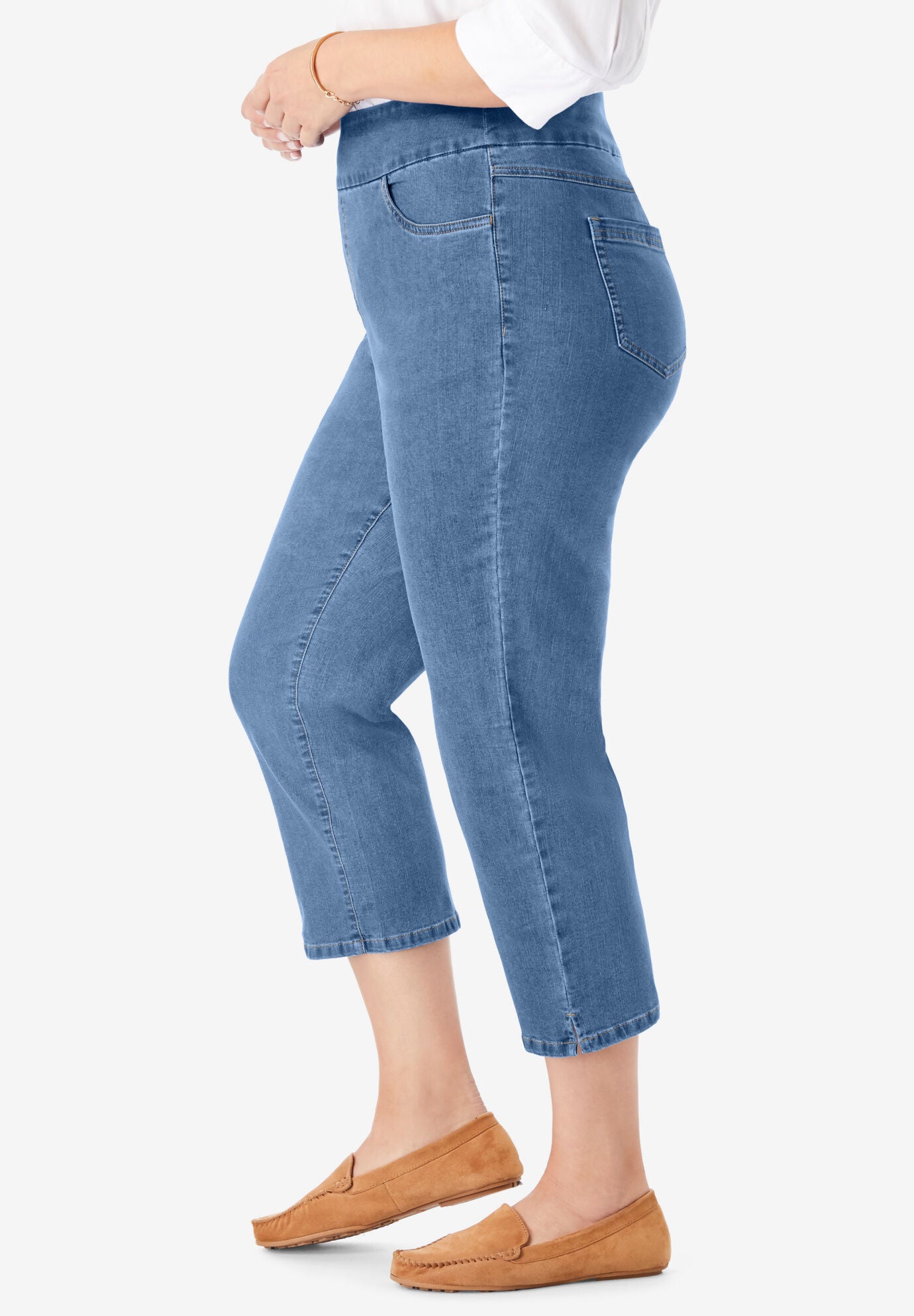 Elastic Waist Flex Fit Denim Capri Light Stonewash Woman Within