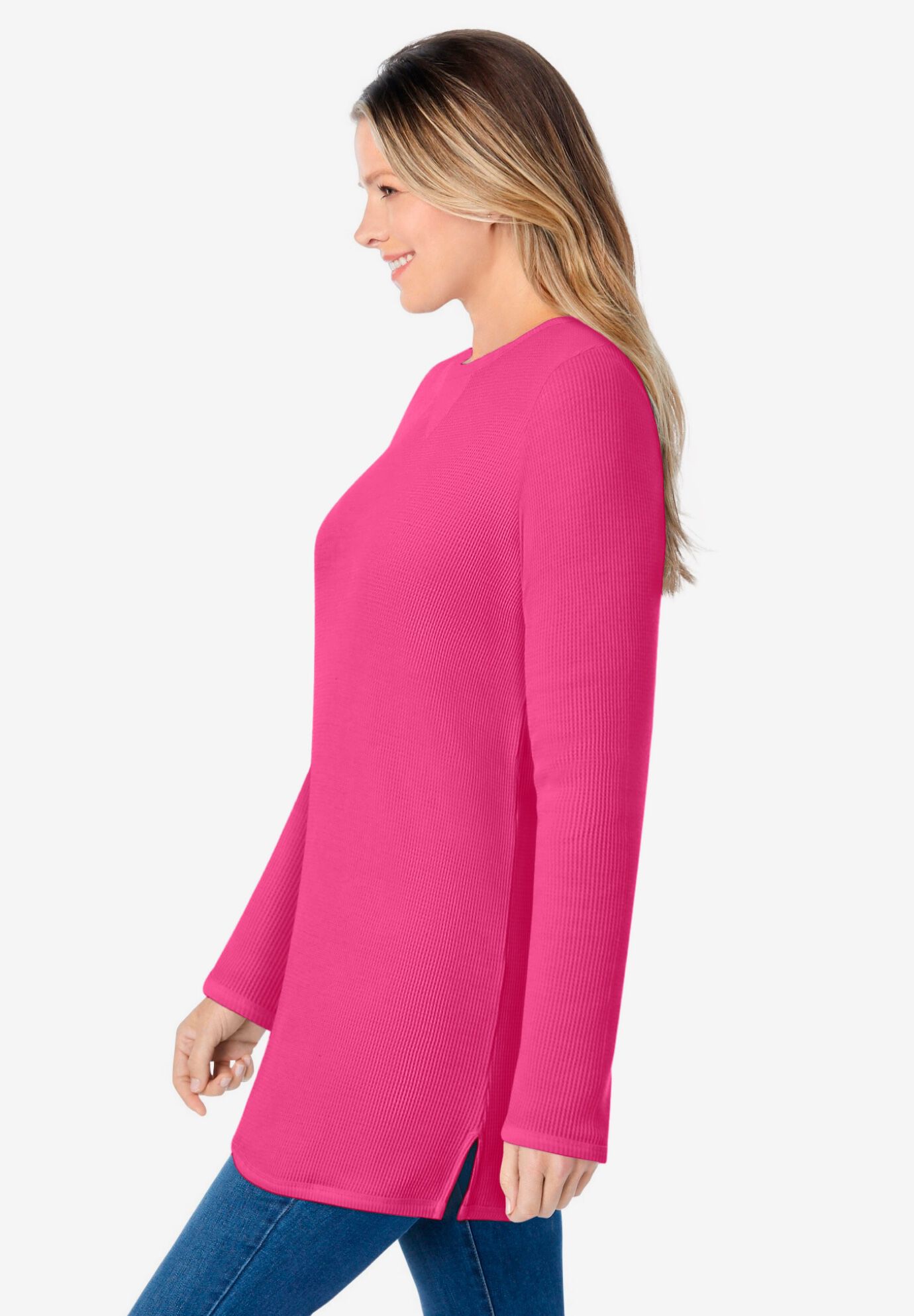 Thermal Sweatshirt Relaxed V Stitch Design Raspberry Sorbet Woman Within