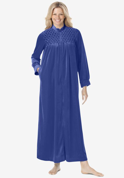 Smocked velour long robe by Only Necessities®, ULTRA BLUE, hi-res image number null