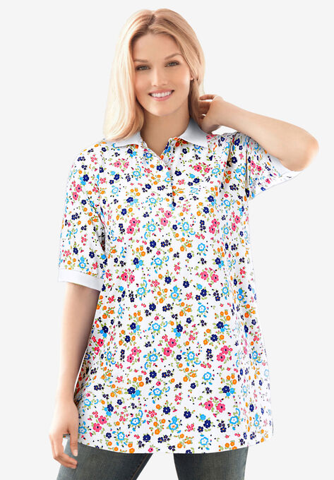 Short-Sleeve Polo Tunic, WHITE GRAPHIC BLOOM, hi-res image number null