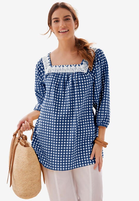 Seersucker Three-Quarter Sleeve Tunic, EVENING BLUE SMALL GINGHAM, hi-res image number null
