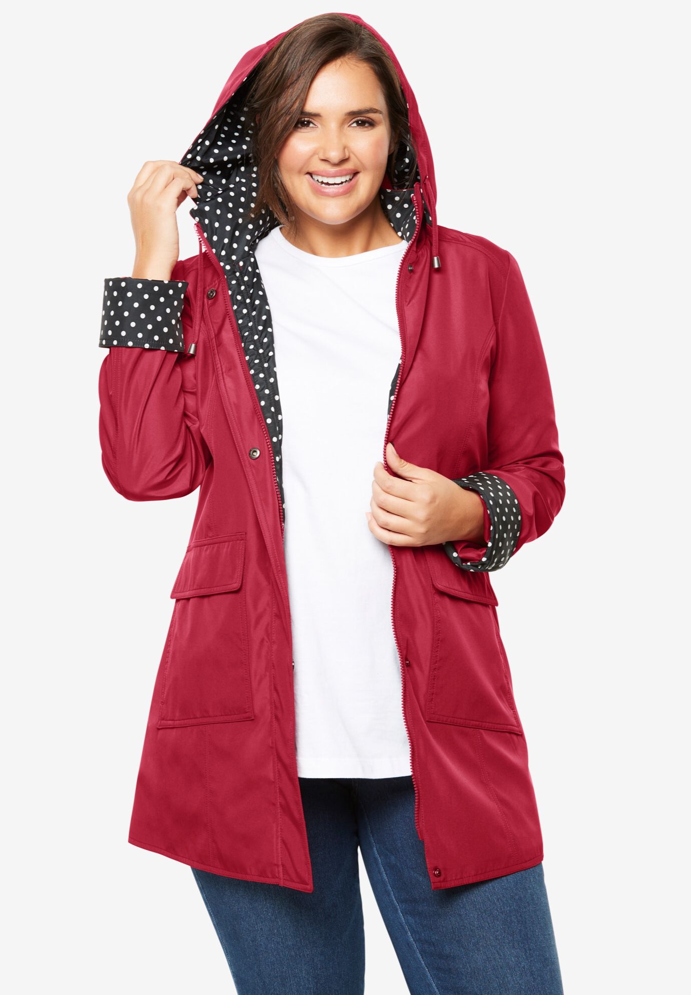 Raincoat in new short length with fun dot trim Woman Within