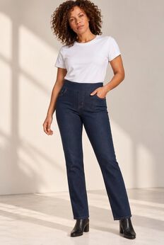 Smooth Waist Pull-On Flex Fit Straight-Leg Stretch Denim Jeans