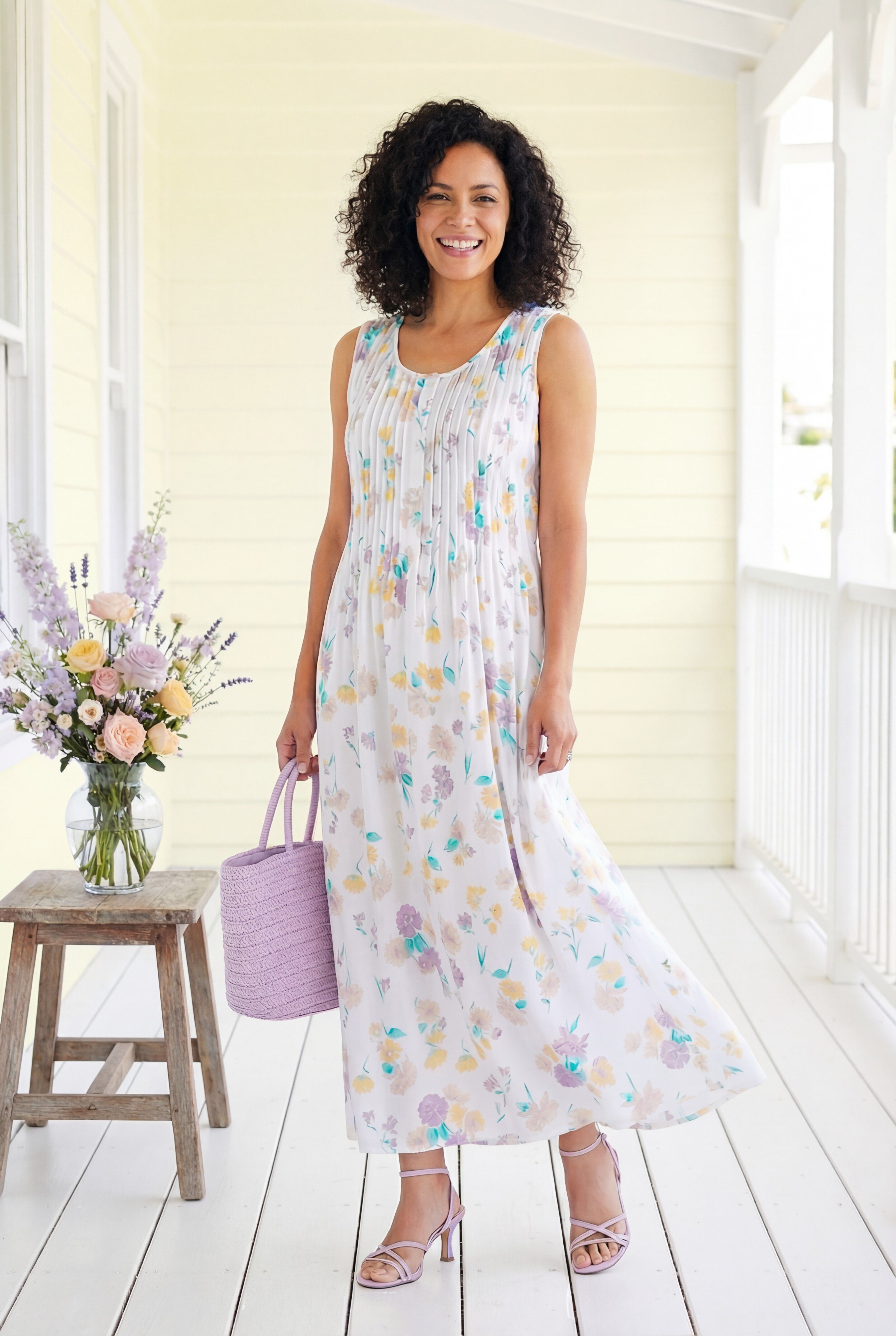 Pintucked Sleeveless Dress, WHITE DAY DREAM PETAL, alternate image number 3