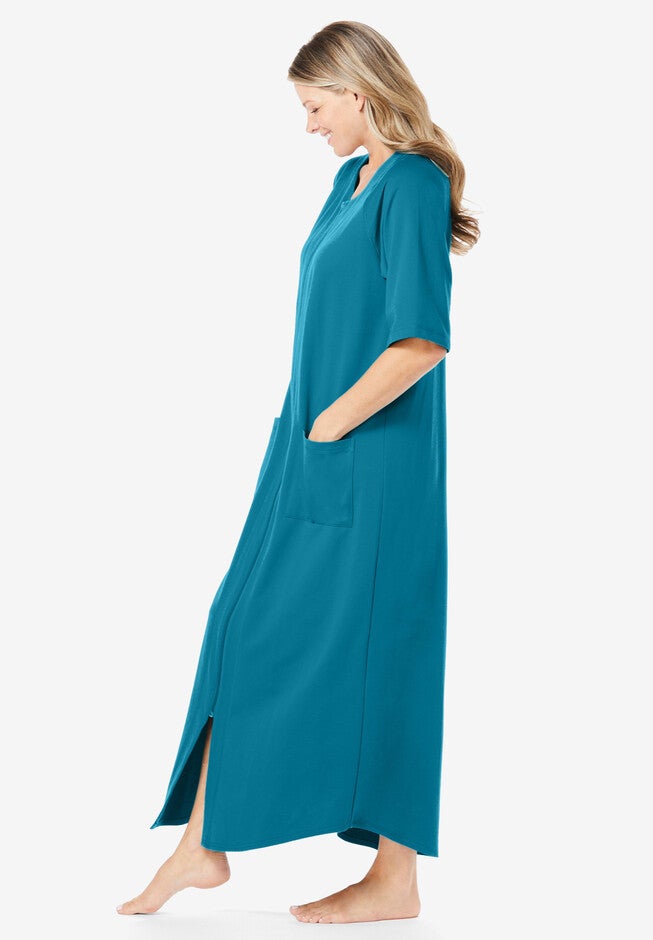 French Terry Robe - Long Zip-Front Style, Aquamarine | Woman Within