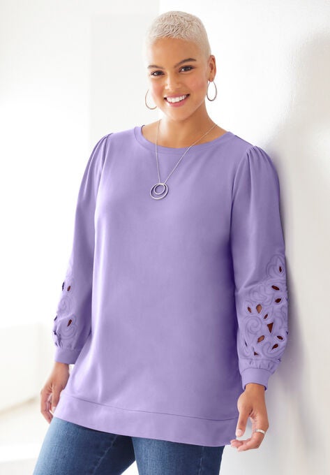Eyelet Sweatshirt, SOFT IRIS EMBROIDERY, hi-res image number null