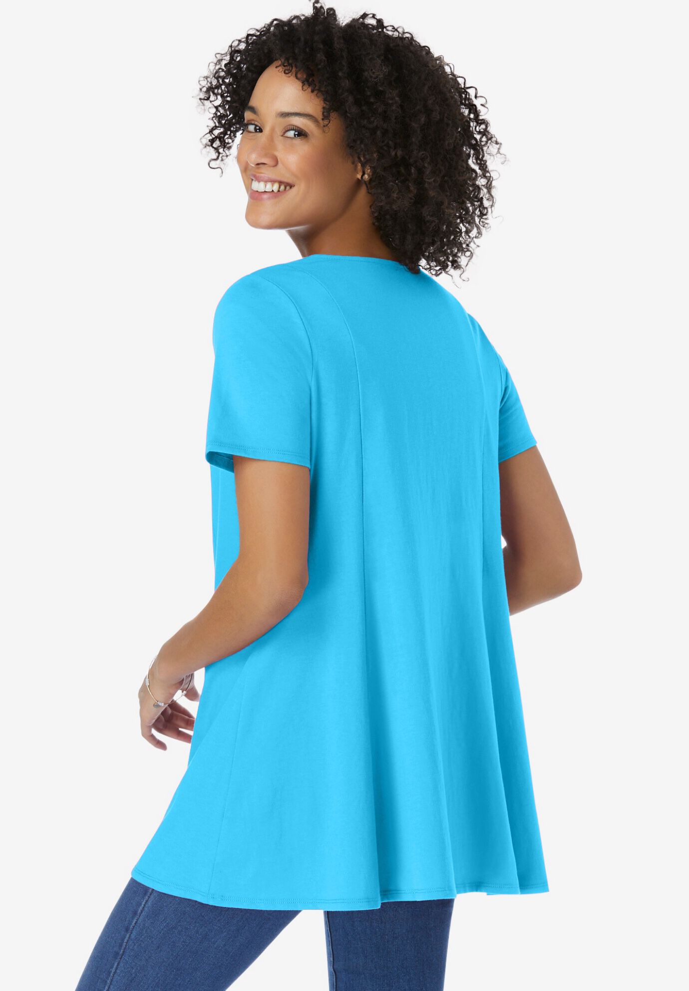 Rounded V-Neck Crochet Tunic, PARADISE BLUE, alternate image number 2