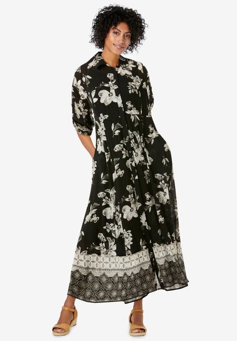 Roll-Tab Sleeve Crinkle Shirtdress, BLACK BLOOM FLOWER, hi-res image number null