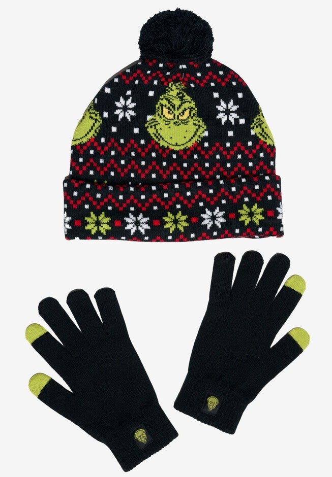 Women's Dr Seuss Grinch Knit Beanie Hat & Touch Screen Gloves Christmas, BLACK, on-hover image number 1