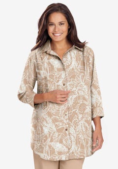 Three-Quarter Sleeve Peachskin Button Front Shirt