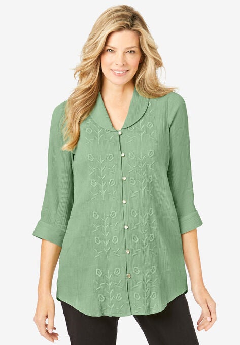 Textured Gauze Tunic with Shawl Collar, SAGE, hi-res image number null