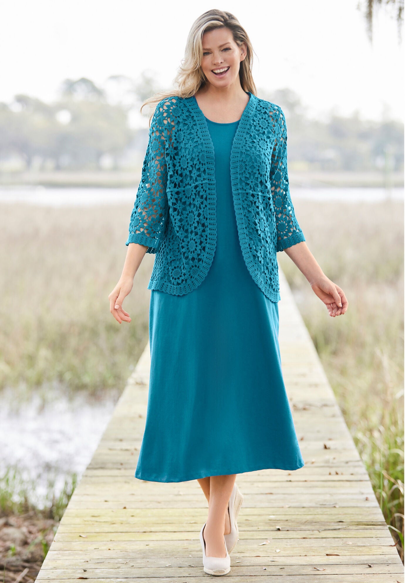 Pointelle Cardigan Curved Hem Relaxed Fit Pretty Turquoise Woman Within