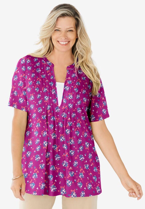 Layer-Look Elbow-Sleeve Tee, RASPBERRY DITSY BOUQUET, hi-res image number null