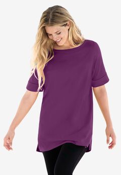 Perfect Cuffed Elbow-Sleeve Boat-Neck Tee