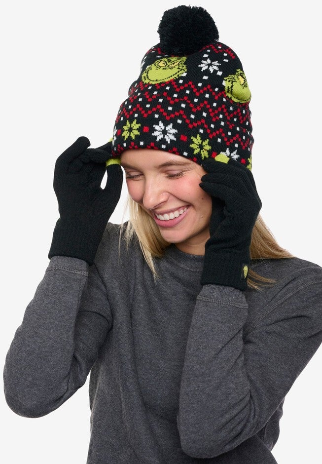 Women's Dr Seuss Grinch Knit Beanie Hat & Touch Screen Gloves Christmas, BLACK, alternate image number 4