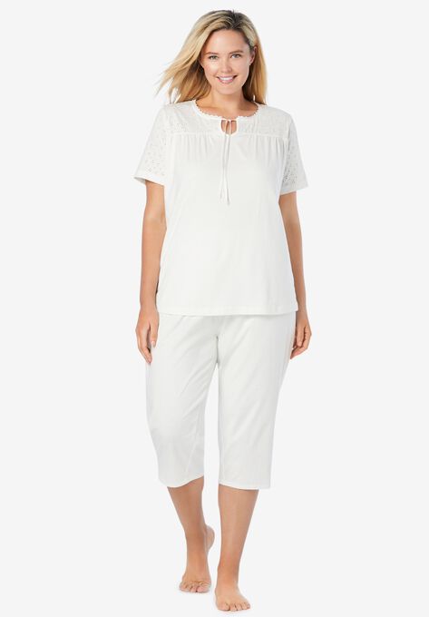Lace-Trim Cotton Jersey PJ Set, WHITE, hi-res image number null