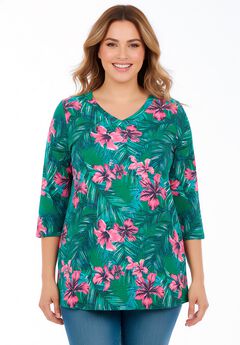 Perfect Printed Three-Quarter Sleeve V-Neck Tee