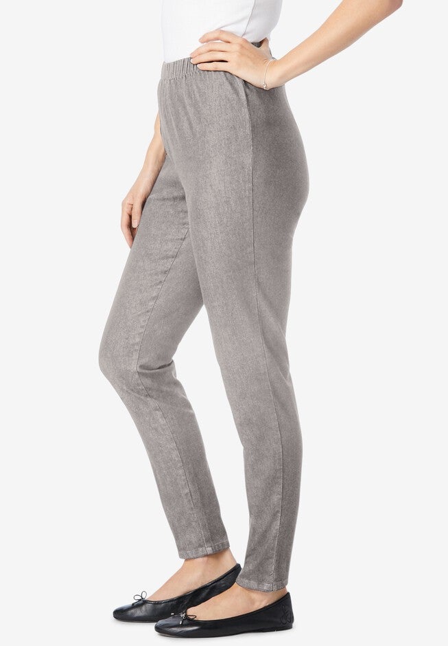 Pull-On Elastic-Waist Stretch Fineline Denim Jeans, GREY DENIM, alternate image number 2