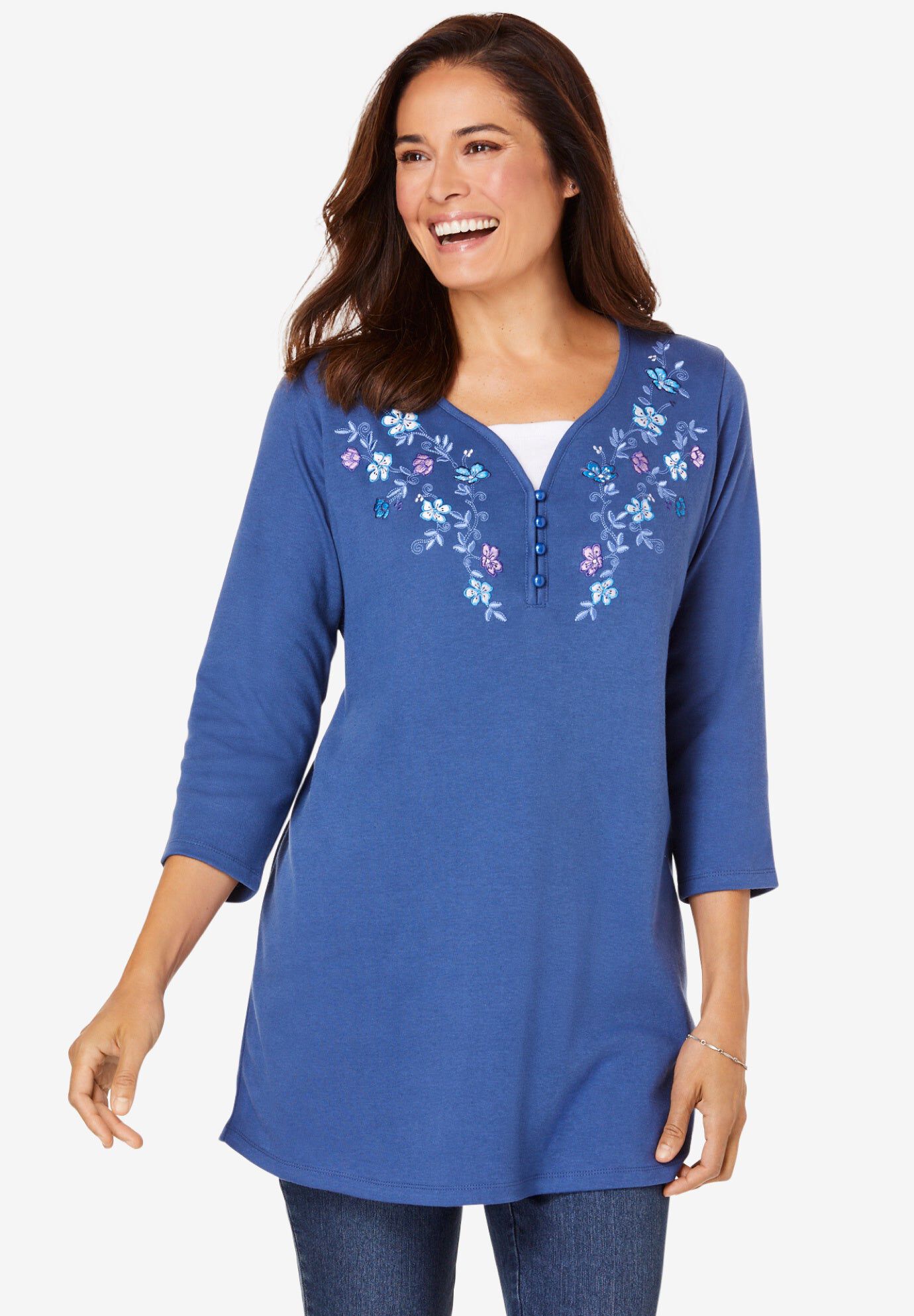 7-Day Layered-Look Embroidered Henley Tunic