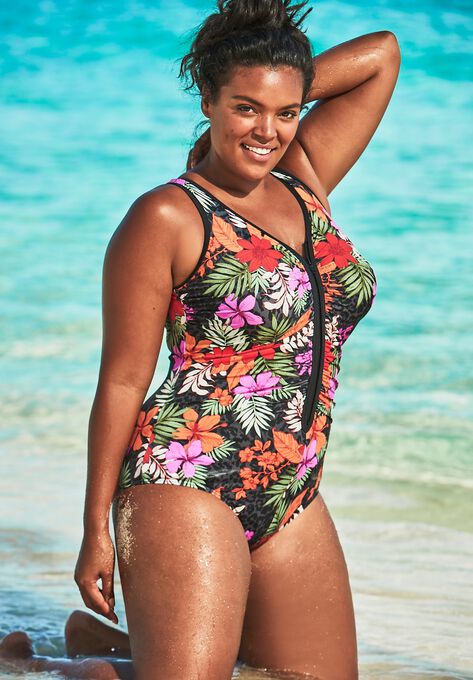 Zip Front One Piece With Front Zipper Plus Sizeone Piece