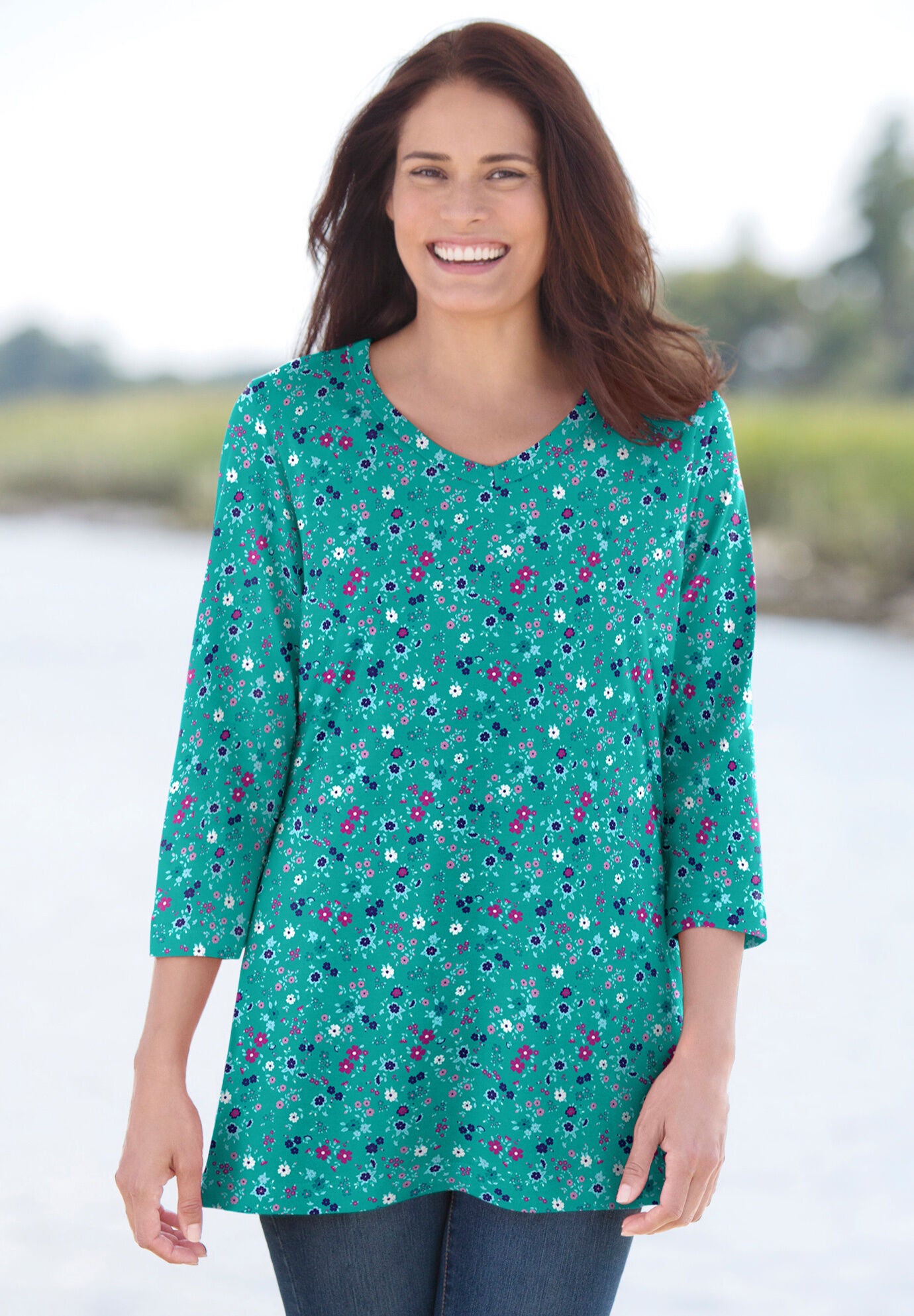 Perfect Printed ThreeQuarter Sleeve VNeck Tee Woman Within