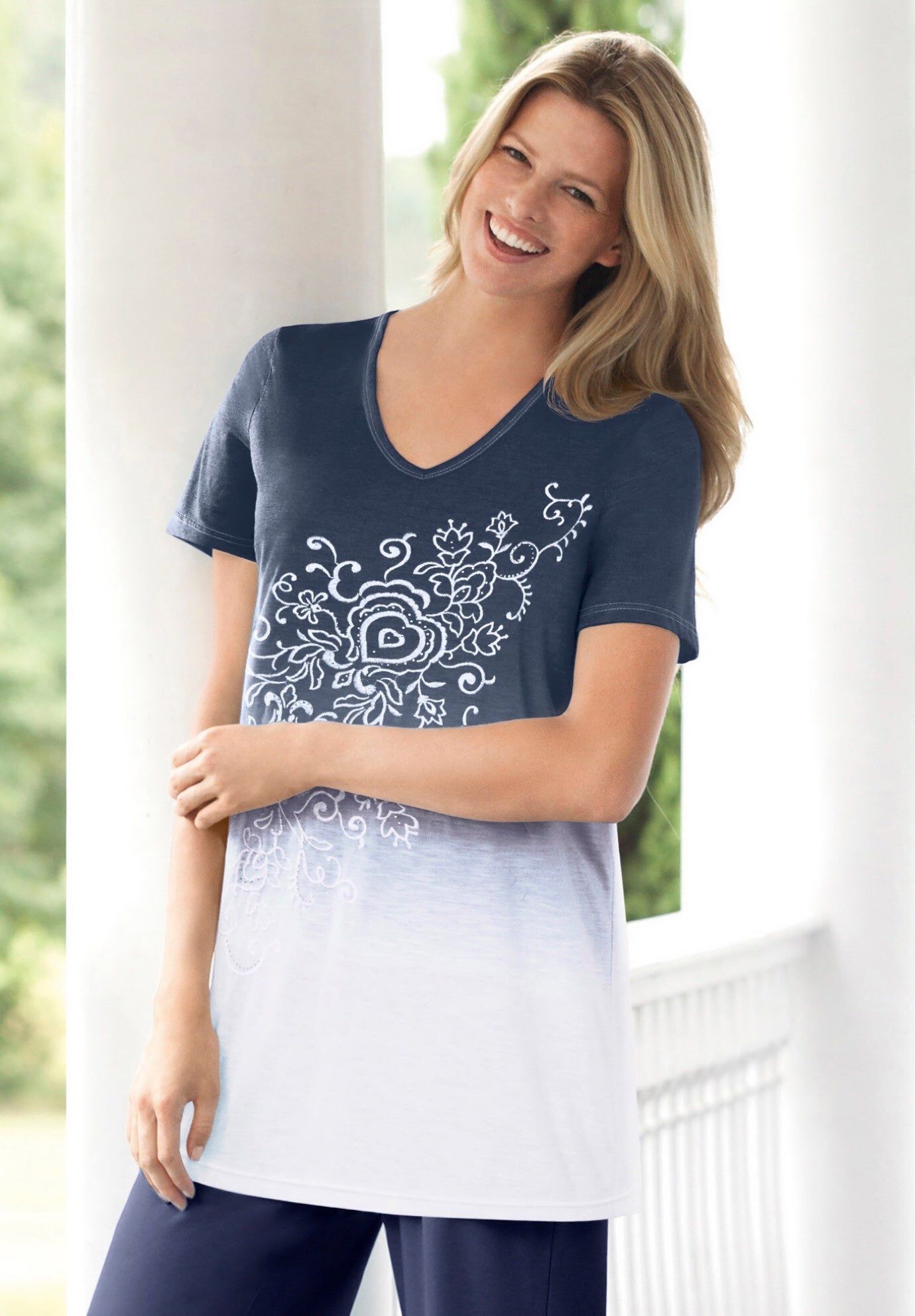 Short-Sleeve V-Neck Embroidered Dip Dye Tunic, NAVY OMBRE, hi-res image number 0