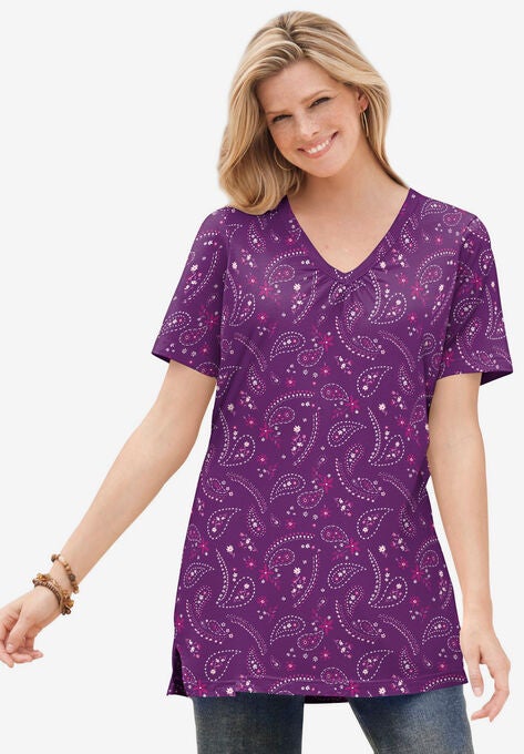 Perfect Printed Short-Sleeve Shirred V-Neck Tunic, PLUM PURPLE FLORAL PAISLEY, hi-res image number null